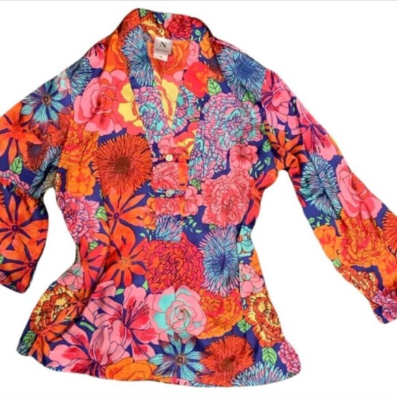 NATORI Womens Polyester Satin Top Colorful Floral Print Kimono Sleeve XS 210N - Picture 2 of 8